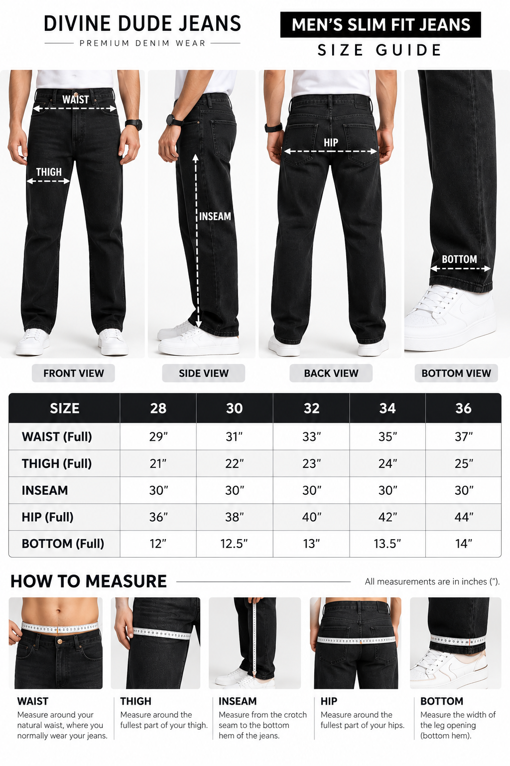 Divine Dude Jeans Size Guide