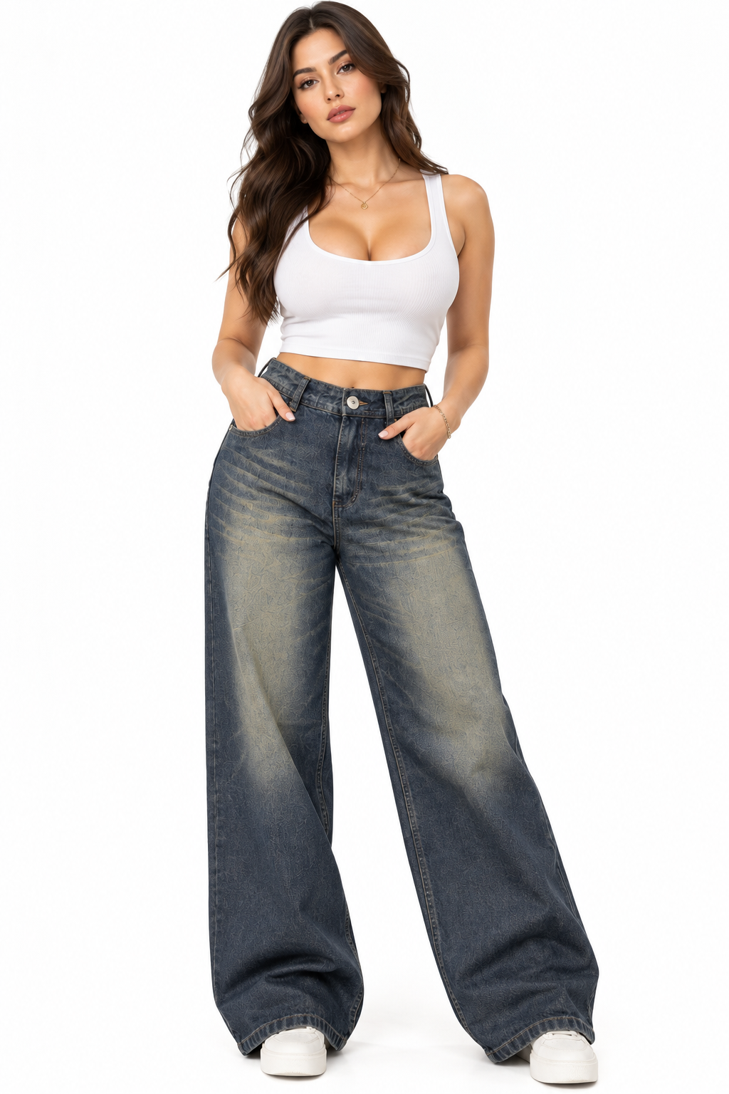 Women's wide Leg Jeans-Washed Dark Blue