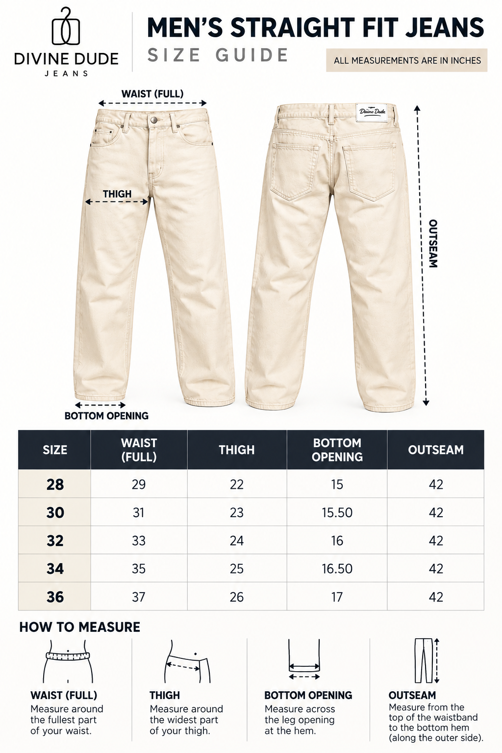 Divine Dude Jeans Size Guide