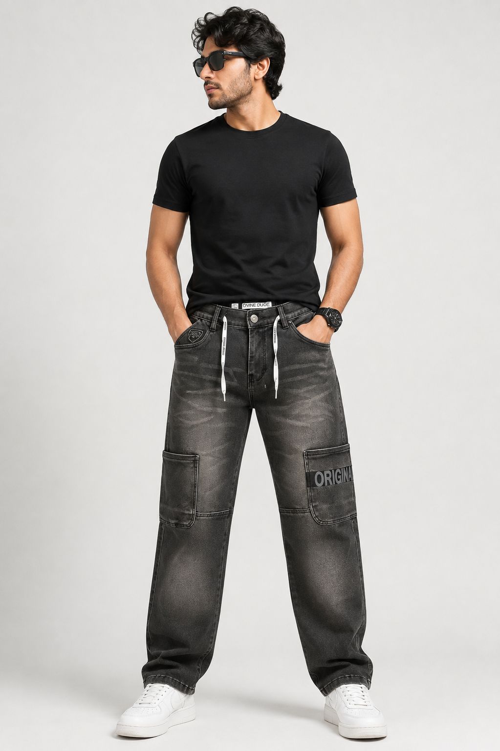 Men’s Relaxed Fit Cargo Jeans – Washed Black